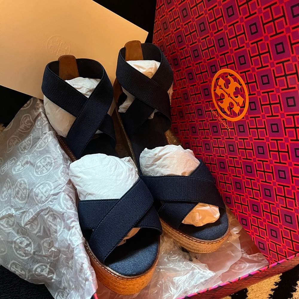 Tory Burch Navy Espadrille Wedges